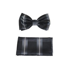 Men Bow Tie Hankie Set Formal Event Tuxedo, Business Suit BT3 Black Striped