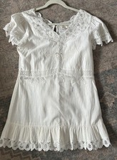 LoveShackFancy White Linen Lace Thara Mini Dress V-Neck Ruffle Embroidered S