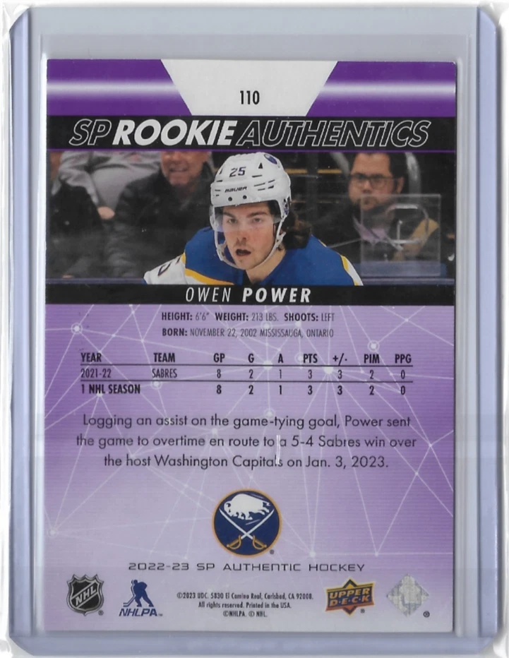 2022-23 SP AUTHENTIC SP ROOKIE AUTHENTICS PURPLE PARALLEL 33/99 OWEN POWER #110 - Image 2 of 2