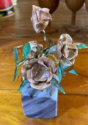 Vintage Mexican Copper & Rose Sculpture On Marble Base-Hecho en Mexico