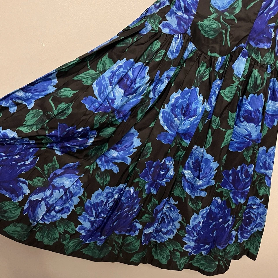 VTG 50s Suzy Perette Couture Blue Roses Print Party Dress Rockabilly Pin-Up S/M - Image 2 of 4
