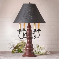 Large Colonial Table Lamp with Punched Tin Shade - Distressed Red Finish USA