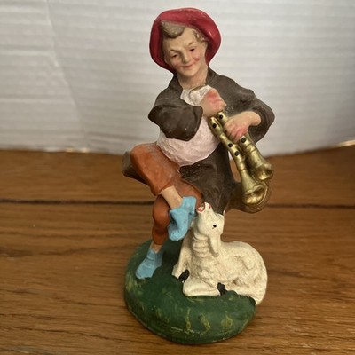 Vintage Nativity Figurine Shepard With Flute Pipes And Sheep 1950s Italy