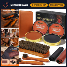 Shoe Polish Kit - 8 Pieces with Brown Wax, Horsehair Brushes  Shine Cloths