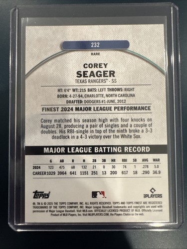 Corey Seager 2025 Topps Finest Rare Purple X-Fractor /75 #232 - Picture 2 of 2