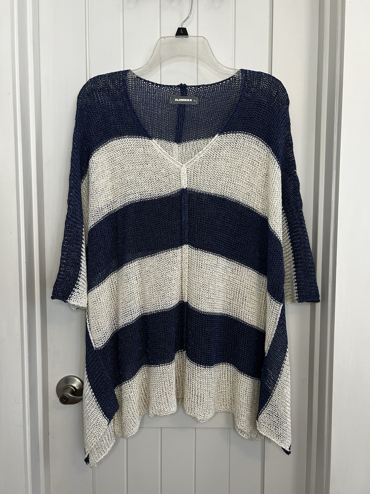 Alembika Open Knit Navy White Striped Tunic Sweater Size XL