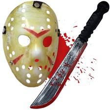 Jason Hockey Mask  Bloody Machete Prop Set Halloween Horror Killer Costume