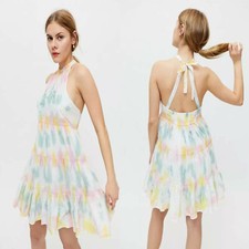 Urban Outfitters S Eyelet Halter Mini Cotton Dress Pastel Tie Dye Boho NEW $99