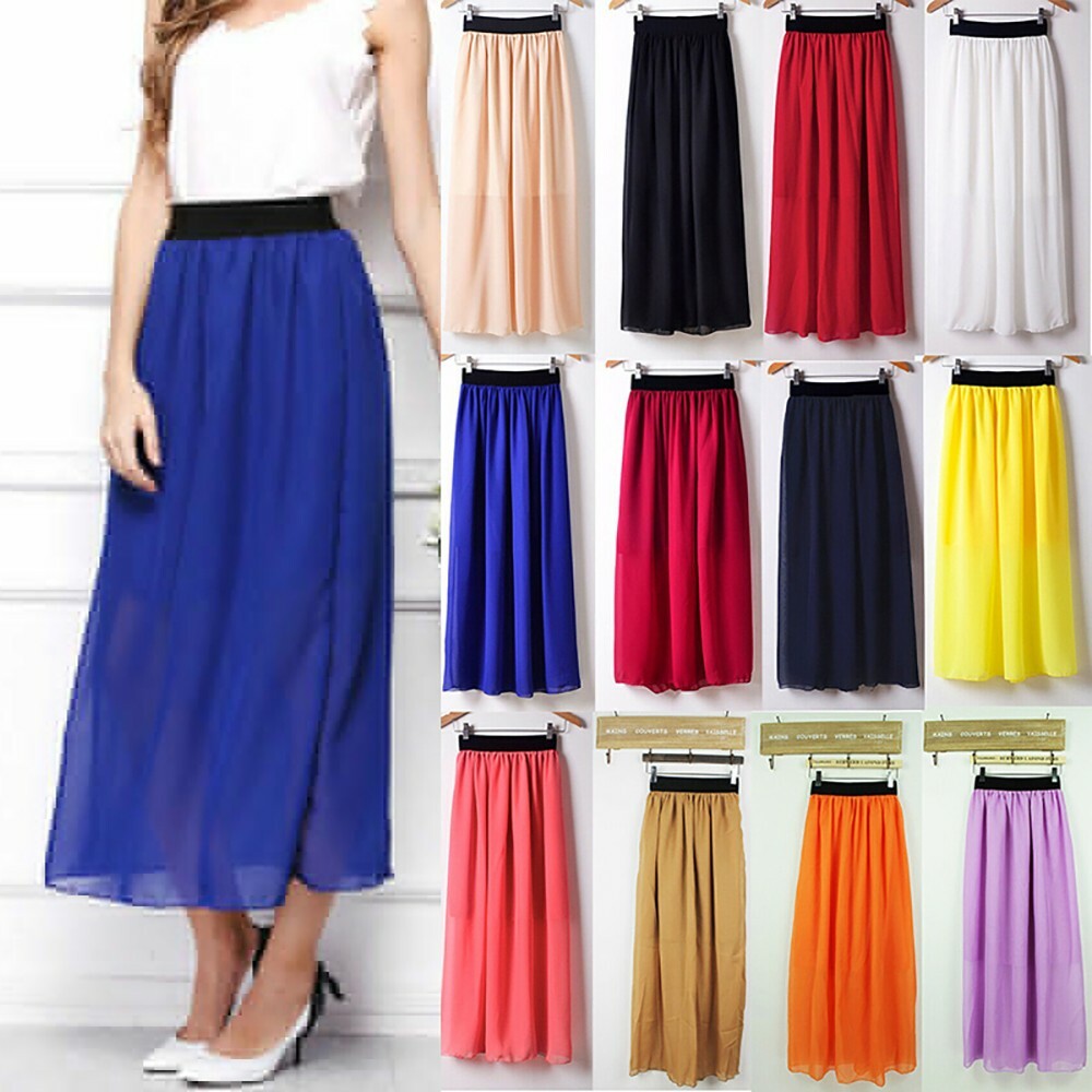 Womens Maxi Skirt Double-Layer Chiffon Pleated Long Dress Elastic