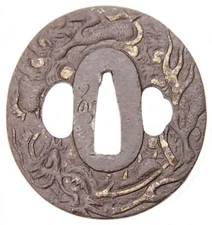 Antique Japanese Tsuba Iron Jakushi Signed Dragon Gold Edo Katana Sword Guard