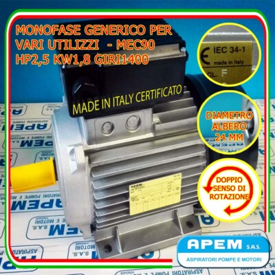  Einphasen-Elektromotor 2,5 PS 1,8 KW 2,5 PS 1400 U/min v.230 24 mm ITALIENISCH!