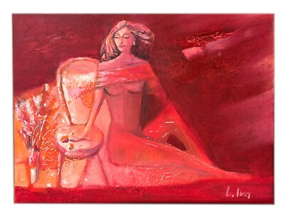 Original Oil Painting - Red Woman Sitting in the Sun Room
