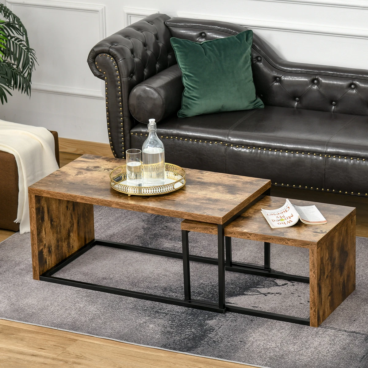 2 Coffee Tables Set Industrial Modern Living Room Tea Side End Table Metal Frame