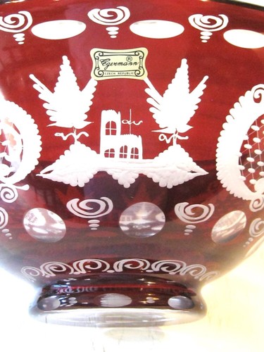 EGERMANN VINTAGE CZECH GLASS BOWL RUBY RED CUT TO CLEAR w TRADITIONAL DESIGNS - Picture 13 of 24