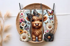 Skinny Tumbler Highland Cow with Flowers 20oz Stainless-Steel