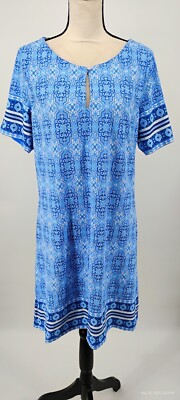 NEW Cabana Life Dress Blue Geometric Border Print Beach UPF 50+ Short Sleeve XL
