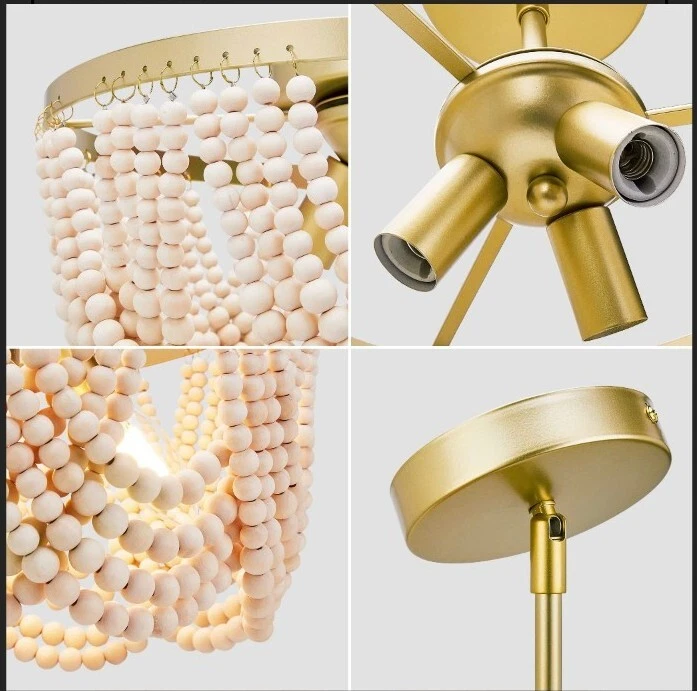 Lámpara de techo antigua rústica mini lámpara de araña 3 luces con cuentas de madera Foto 4 de 4