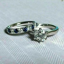 Round Cut Lab Created Diamond & Sapphire Wedding 14Ct White Gold Finish Ring Set