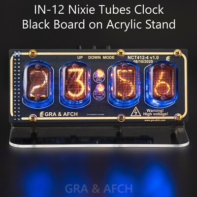 Nixie IN-12 Tubes Clock on Acrylic Stand with Sockets 12/24H 4 Tubes GOLDBLACK