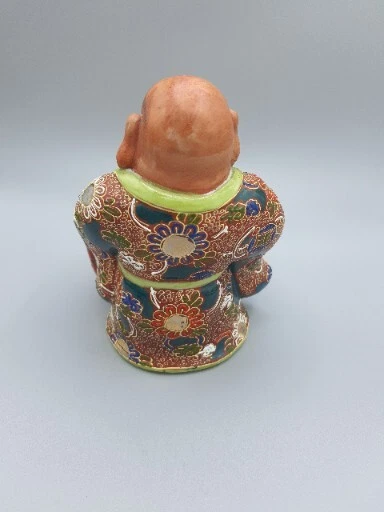 Antique Kutani Japanese Moriage Hotei Laughing Buddah with Fan & Bowl - Image 3 of 4