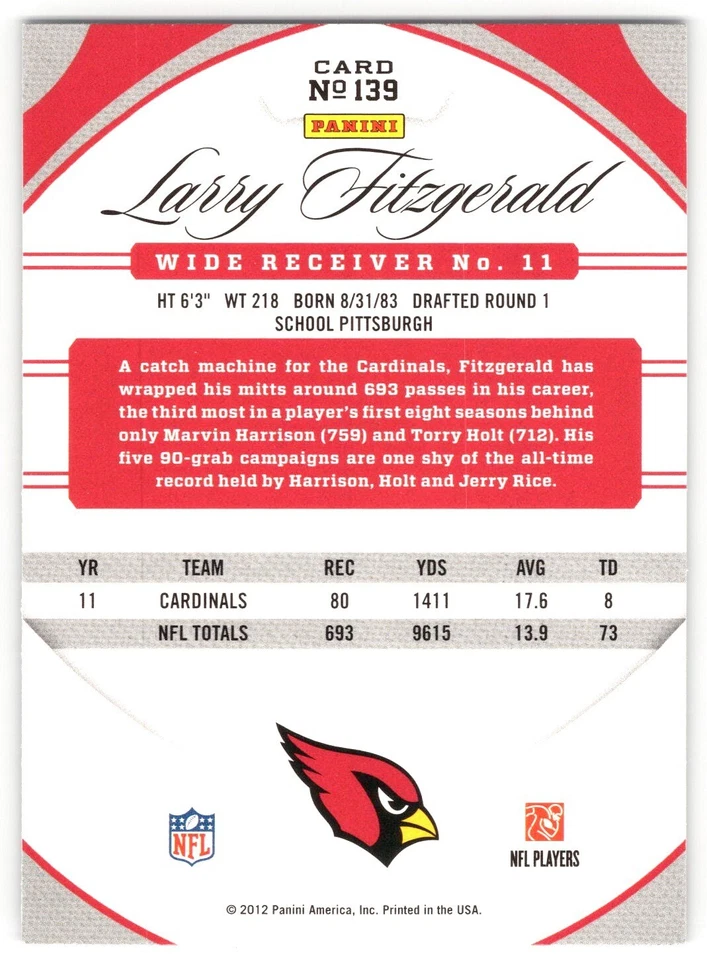 2012 Panini Certified 139 Larry Fitzgerald Arizona Cardinals Football Card - Image 2 of 3