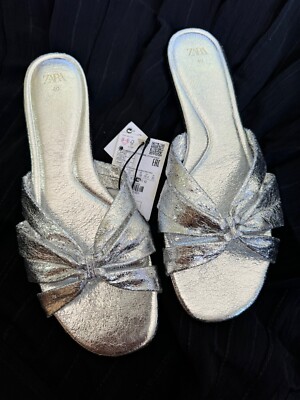New ZARA FLAT METALLIC SANDALS SILVER Size