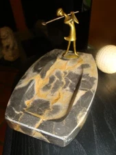 Rare Antique Art Deco HAGENAUER Brass GOLFER FIGURE ASHTRAY w Marble Base