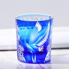 Japanese Style Edo Kiriko Glass Whisky Glass Tumbler Hand Cut To Clear Blue 9oz