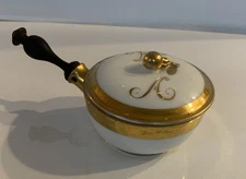 ￼Vintage White Porcelain Gold Trim, Wood Handle Petite Silent Butler W/ Monogram