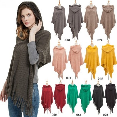 Damen Cape Kunstfell Strick Poncho Decke Halstuch Schal Kapuze Quaste Pullover