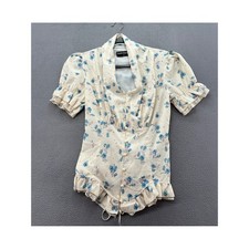 Scarlet Darkness Blouse Sz S Floral Lace Up Cream Blue Cottagecore Victorian