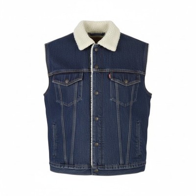LEVI'S Herren Weste Blau Premium Big E Sherpa-Futter Knopf Trucker Denim M