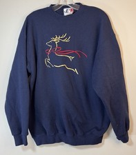 Vintage Embroidered Pullover Sweatshirt Mens L Christmas Reindeer Navy Blue