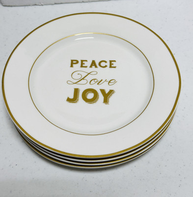 CIROA Plates 6  White Gold / Peace Love Joy Script Snack Porcelain -SET 4
