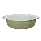 Vintage Pyrex Oval Casserole Dish Sage Green Gold Scroll 2-1/2 Qt NO LID #045