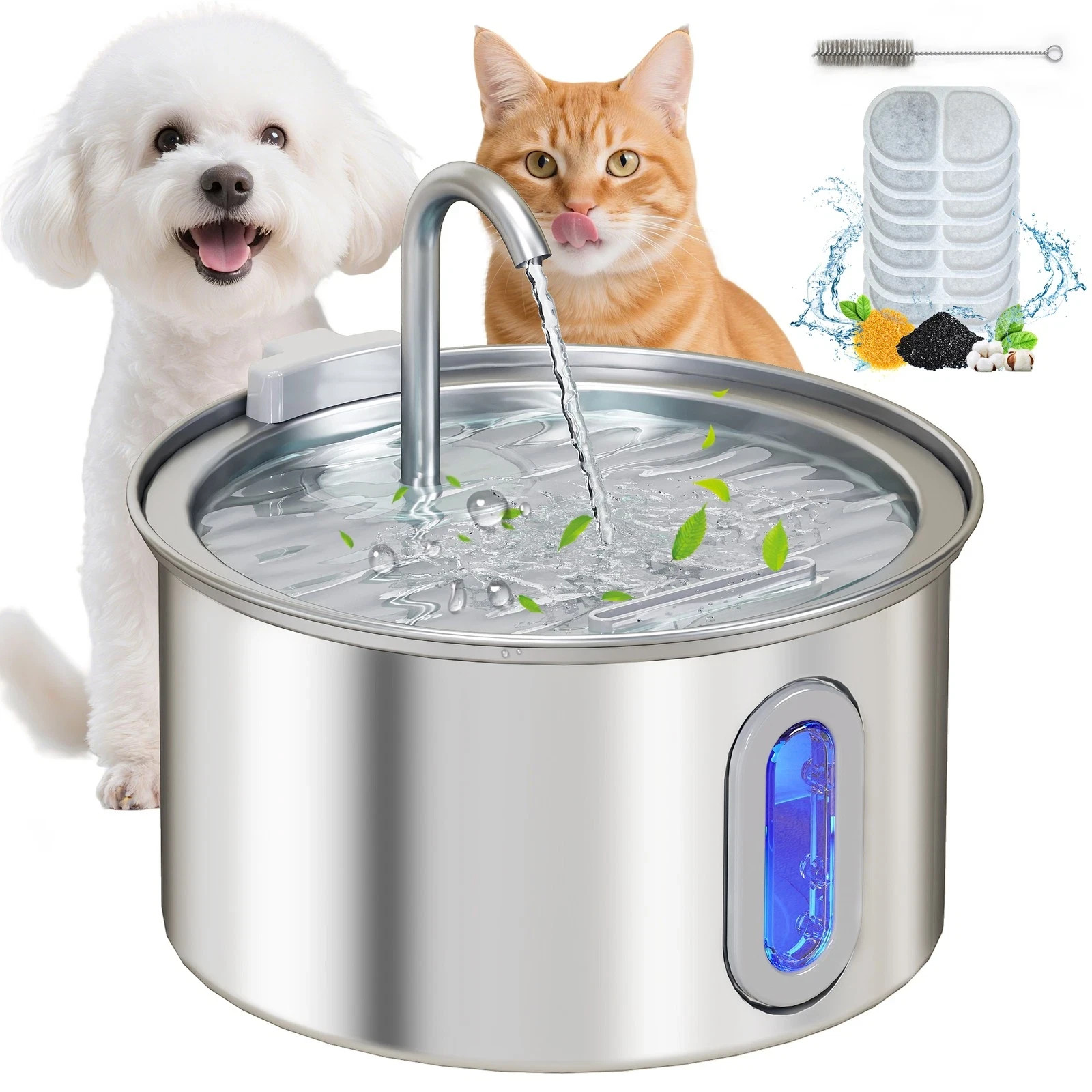 2.5L Cat Water Fountain for Drinking Stainless Steel Ultra Silent - Silver