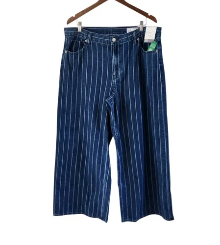 Gap Baggy Mid Rise Blue White Pinstripes Pants Jeans Womens 33 16 Short New NWT