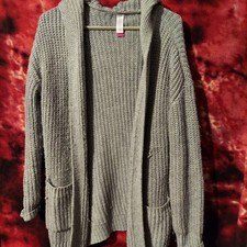 Gray Knit Hooded Cardigan Sweater tie up sides Pockets Women Long Sleeve