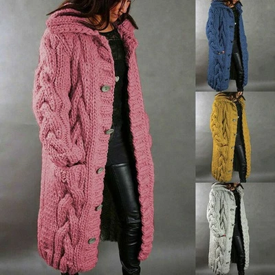 Damen Lange Strickjacke Mantel Strickpullover Kapuze Langarm Cardigan neu - Bild 1 von 4