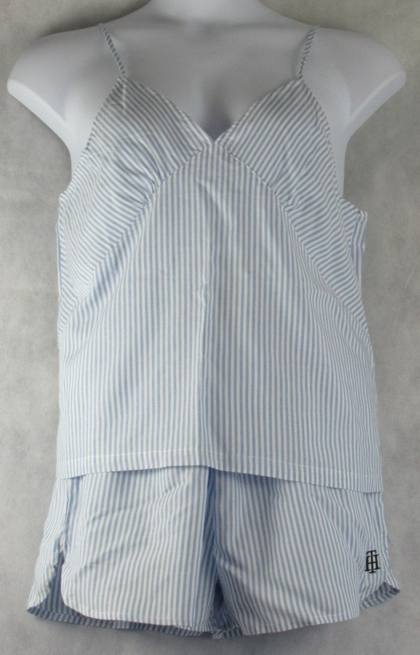 Tommy Hilfiger Women's 2-Piece Cami & Boxer Shorts Pajamas Set, Blue Stripe, XL