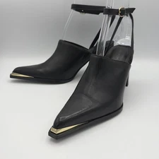 Free People Out On The Town Mules Black Leather Gold Tone Toe Tips Size 6