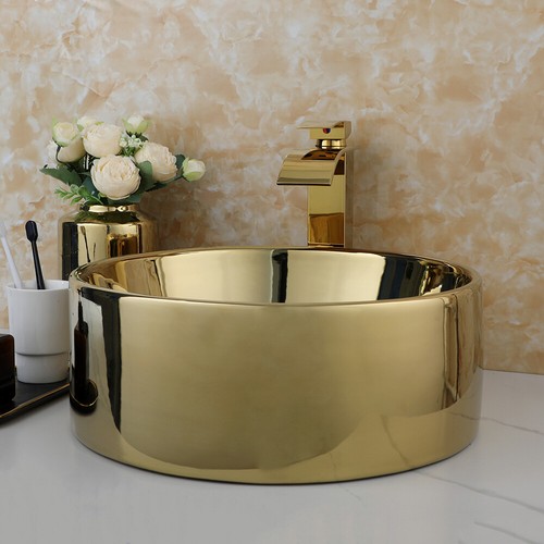 16x6" Bathroom Ceramic Vessel Sinks Round Gold Basin Bowl Combo Faucet Drain Set - Picture 9 of 12