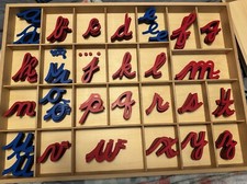 Large Montessori Red  Blue Cursive Wooden Moveable Alphabet with Stoage Box