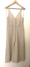 Zara Linen Blend Button Up Front Slit Midi Dress Beige Cream Size L