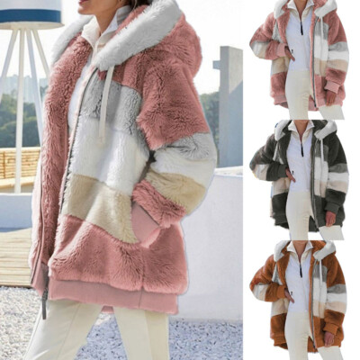 Donna Pelliccia Soffice Giacca con Cappuccio Parka Pile Caldo