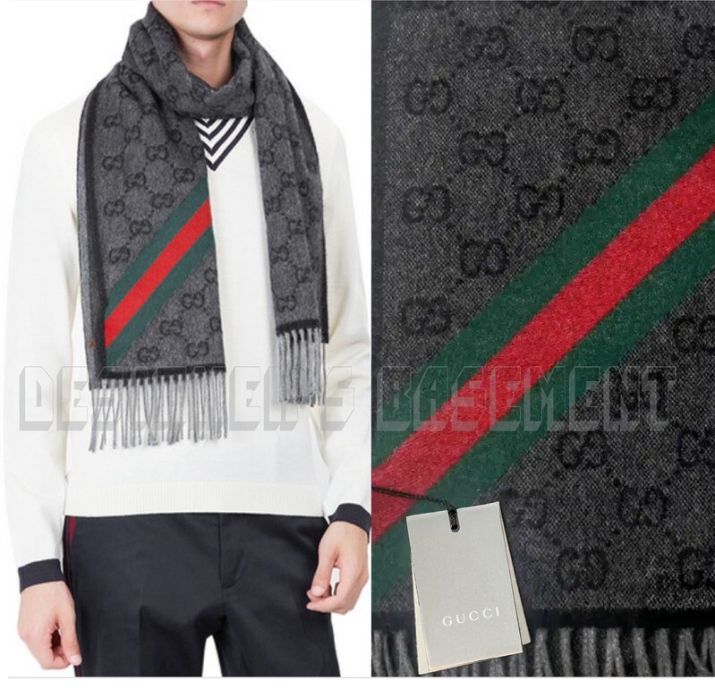 Gucci Zinc Gray GG Web Detail Nikky Angora Blend Fringe Scarf Authentic