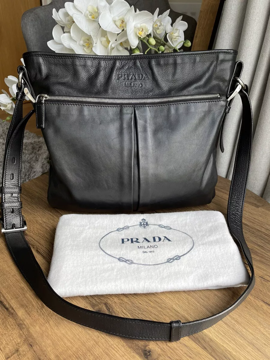 100 Authentic PRADA Black Leather Messenger Crossbody Men s