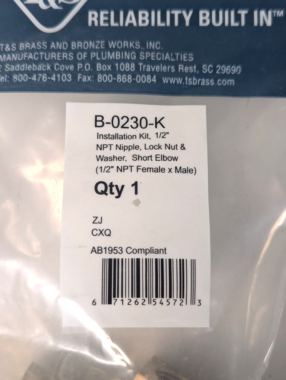 T&S B-0230-K Installation Kit 1/2" NPT Nipple, Lock Nut & Washer Short ElbowREAD