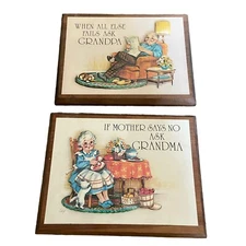 Vintage Framed Wall Hanging Funny Art If Mother Says No Grandma & Grandpa Coby