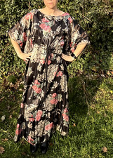 VTG Lucie Ann Lounge Caftan Gown 1 Size Black Pink Floral Rose Sheer Stripe 1970